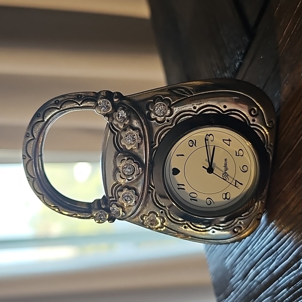 VTG Brighton Silver Tone Crystal Embellished Charm Purse Desk Clock Collectible